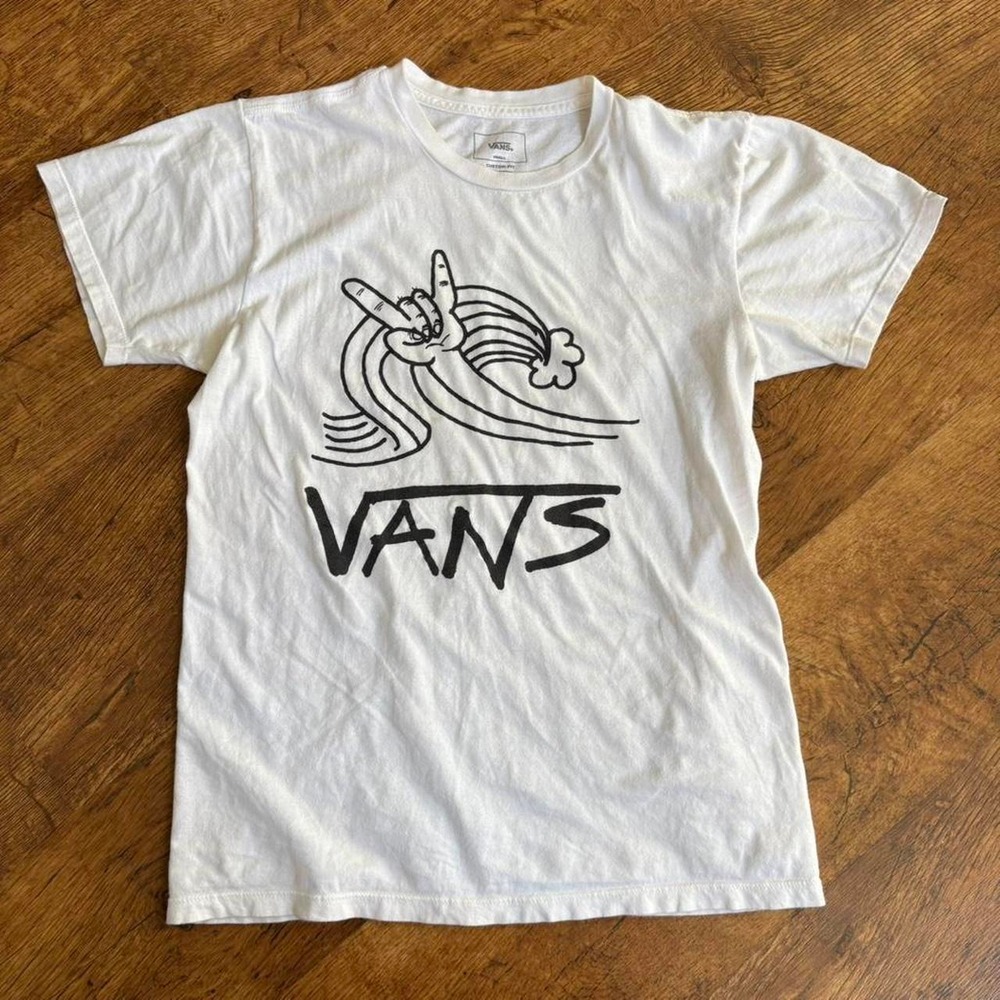 Vans Mens Small White Graphic T-Shirt Rock On Wave Logo Custom Fit Tee